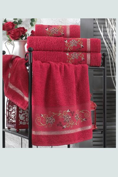 Ellam Kırmızı 4 Parça Nakışlı Hamam Seti