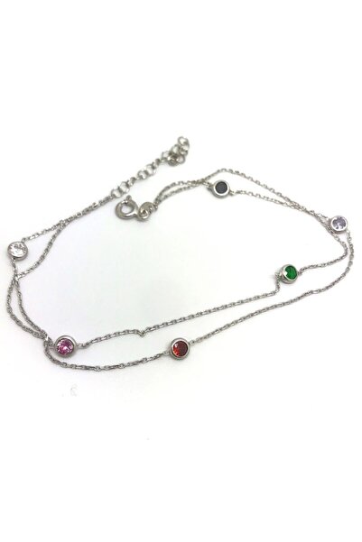 Erer Gümüş Gümüş Çift Zincirli Renkli Taşlı Halhal Nz1r2