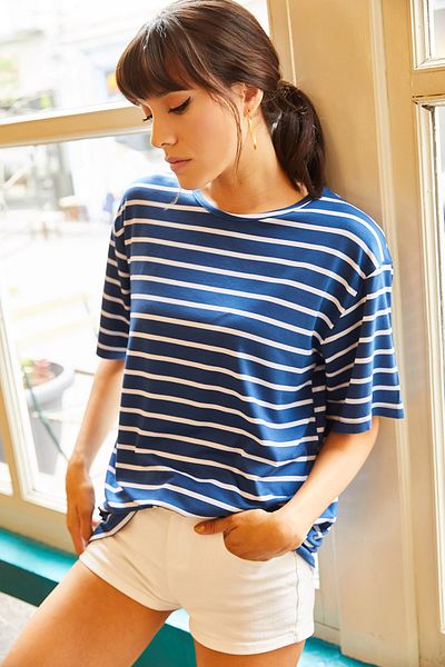 Olalook Γυναικείο μπλουζάκι Saks Μπλε ριγέ casual TSH-19000283