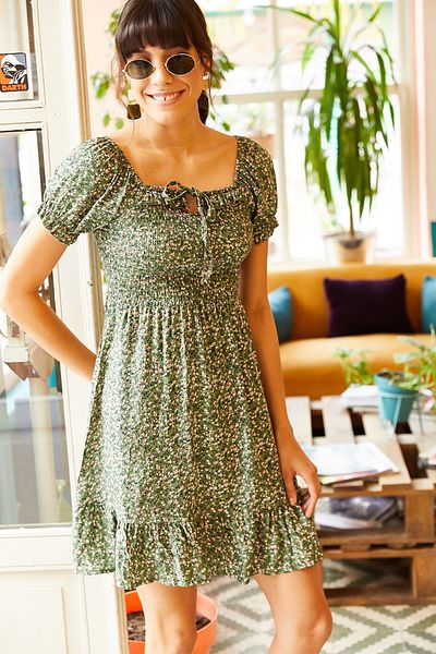 Olalook Grünes ausgestelltes Kleid mit elastischem Kragen und Bindeband für Damen ELB-19001190