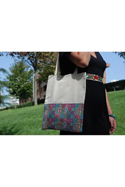New Old Small Checkered Carpet Patterned Canvas Tote Bag 36x40 cm