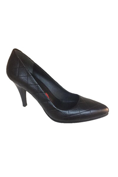 Elegan Kadın Siyah Hakiki Kapitone Desenli Stiletto