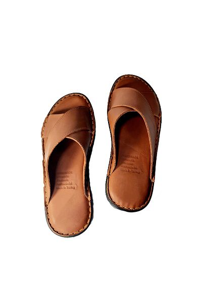 KAPAR Genuine Leather Tan Cross Strap Slippers