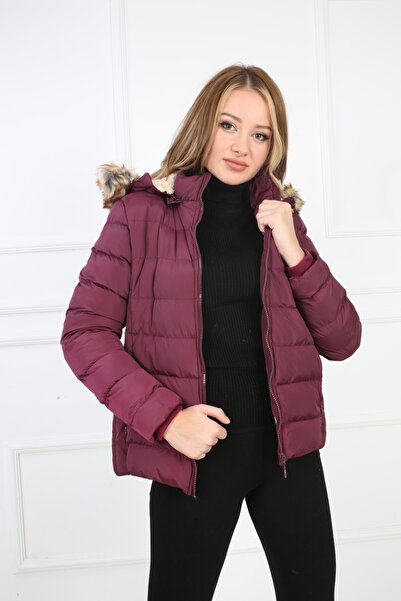 B&T Palton elegant pentru femei, de culoare violet, cu glugă detașabilă și blană