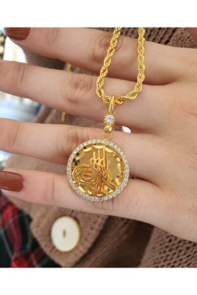 barisiva gold 22 Ayar Altın Kaplama Zirkon Taşlı Tuğralı Kolye