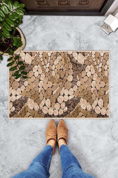 Evsebu Kahve Taş Desen Dekoratif Kapı Önü Paspası