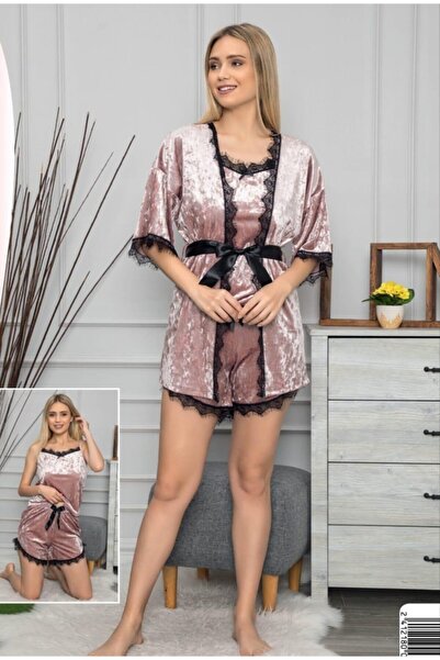 miss nergiz lingerie طقم روب حمام نسائي من 3 قطع من المخمل الفرنسي بتفاصيل دا...