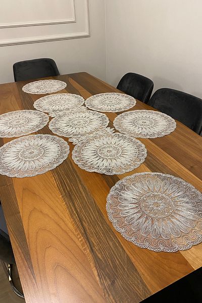 Cocatex Set de farfurii și șervețel modern brodat Cordone argintiu pentru 6 persoane