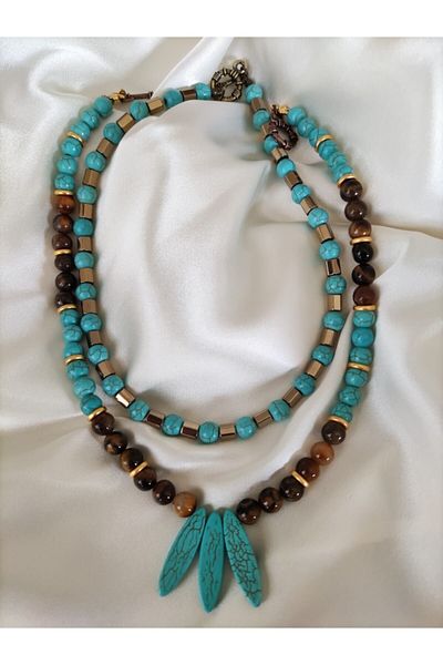 Stoneage Turquoise and Tiger Eye Stone Sailor Locked Special Necklace