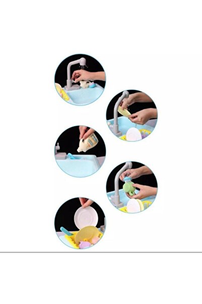 Kayyum Oyuncak Oyuncak Mutfak Çeşmeli Lavabo Set + Frozen Bulaşıklık + Tabaklar + Kesilebilen Meyve Set Depomiks