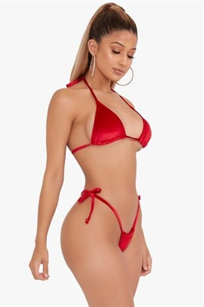 Secret Passion Lingerie New Season Lycra Red Velvet Fabric Fancy Set, Large Size Thong Underwear Set
