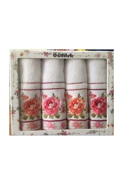 Özdilek طقم مناشف مطرزة باللون الوردي السلمون فيولا مكون من 4 قطع