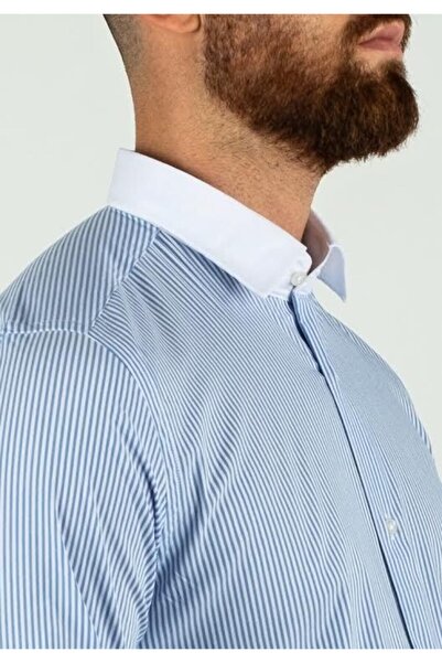 alenmeza Erkek Mavi Beyaz Çizgili Beyaz Yakalı Casual Kolay Ütülenebilir Cepsiz Modern Fit Gömlek