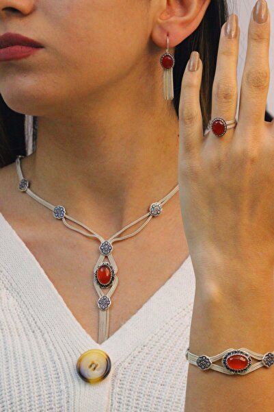 Midyat Nurtaş Gümüş Mardin Hasırı Akik Taşlı Gümüş Dörtlü Set