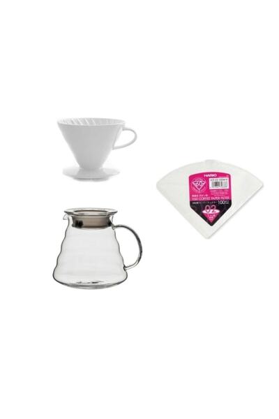 Hario V60 Porselen Drıpper No.2 & Harıo V60 Filtre Kağıdı 100lü & Cam Kahve S...