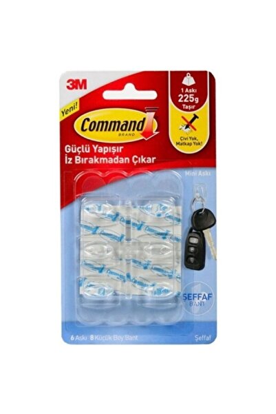 3M Command Mini Şeffaf Yapışkanlı Askı 225 Gram Kapasiteli (6 Lı) 17006clr