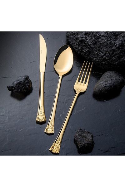 Nehir Acacia Titanium Gold Glossy 84 Piece Cutlery Set with Leather Box
