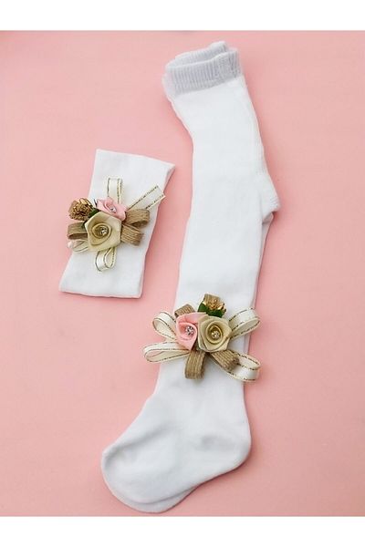 BUKAWEAR Baby Girl Ecru Pantyhose and Bandana Set