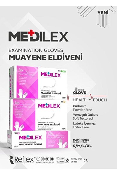 Reflex Medilex Pudrasız Muayene Eldiveni 3 Paket (300 Adet ) Pembe Renk(s Beden)