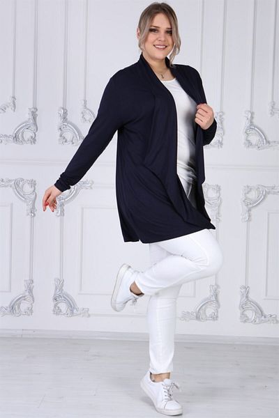 Seamoda Women's Navy Blue Viscose Fabric Turn-down Collar Cardigan
