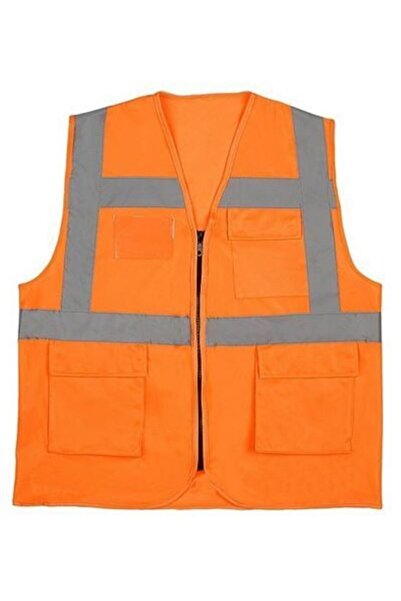 Aka Turuncu Fermuarlı Cepli Reflektörlü Ikaz Mühendis Yelek