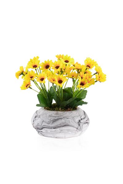 Çiçekmisin Mermer Görünümlü Dünya Desenli Saksıda Yapay Sarı Papatya