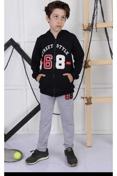 CICIKIZ Men's Black-gray Hooded Zippered Two Thread Set