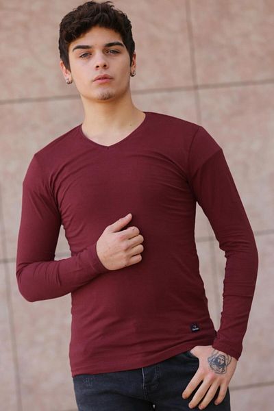 Factor Men's Claret Red Slim Fit V-Neck Combed Cotton Long Sleeve T-shirt F51550