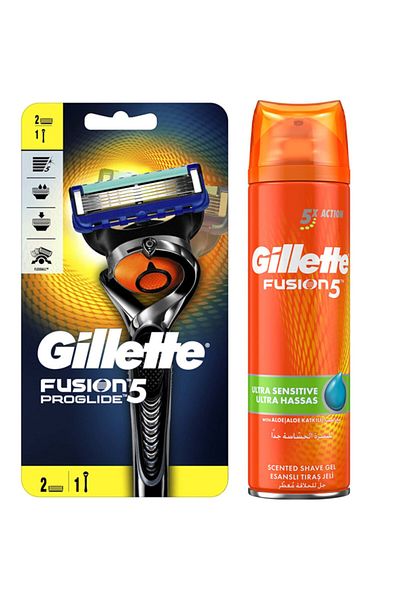Gillette Fusion Proglide Machine + 2 Blades Ultra Sensitive 200ml Shaving Gel