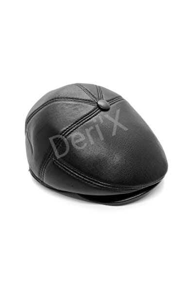DERİHOME Erkek Siyah Hakiki Deri Kulaklı Kasket