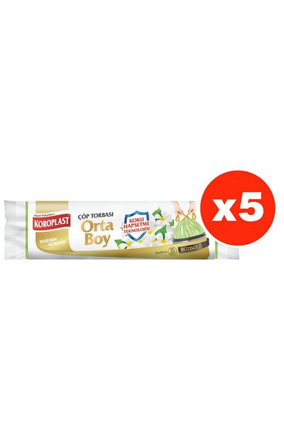 Koroplast Smell Confinement Jasmine Drawstring Medium Size 15 Pieces Garbage Bags X 5 Pack (55*60 Cm)