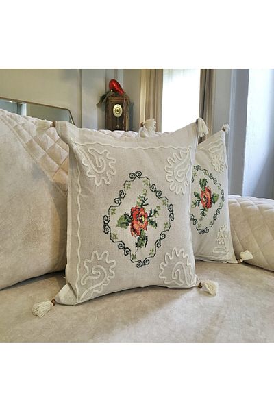 Yavuz Tekstil Cross Stitch Embroidered 2-Piece Throw Pillow Cover Rose Bunch-baby Nipple Color 100% Cotton