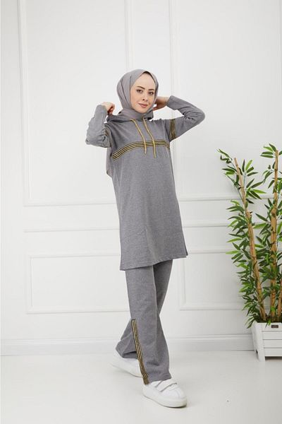 CNG MODA Gray Glitter Stripe Hijab Tracksuit Set