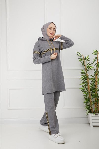 CNG MODA Gray Glitter Stripe Hijab Tracksuit Set