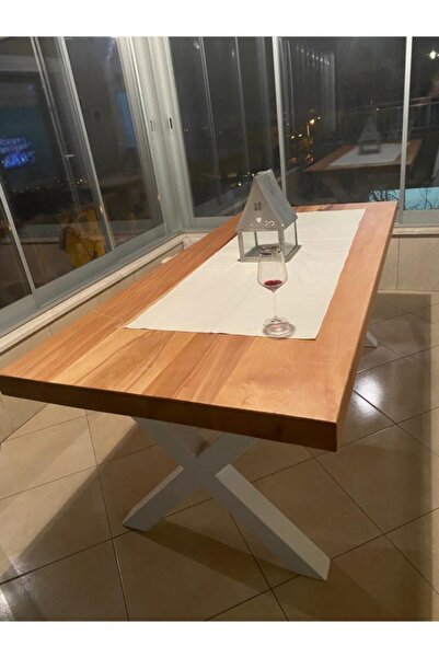 MORCEVİZ Metal X Beyaz Ayak Masif Kütük Kestane Masa