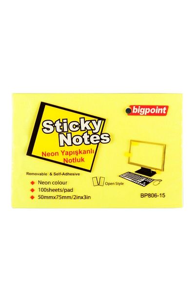 Bigpoint ورق ملاحظات لاصق أصفر نيون 75 × 50 مم - عبوة من 12 قطعة
