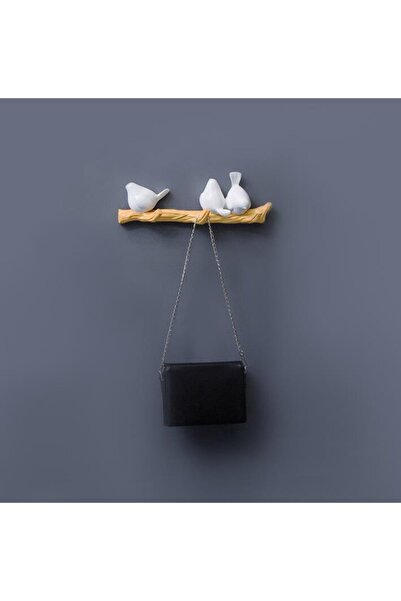 CajuArt Dekoratif Üçlü Modern Duvar Askılık Dal Üstünde Tombul Kuşlar Dekor