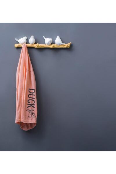 CajuArt Dekoratif Dörtlü Modern Duvar Askılık Dal Üstünde Tombul Kuşlar Dekor