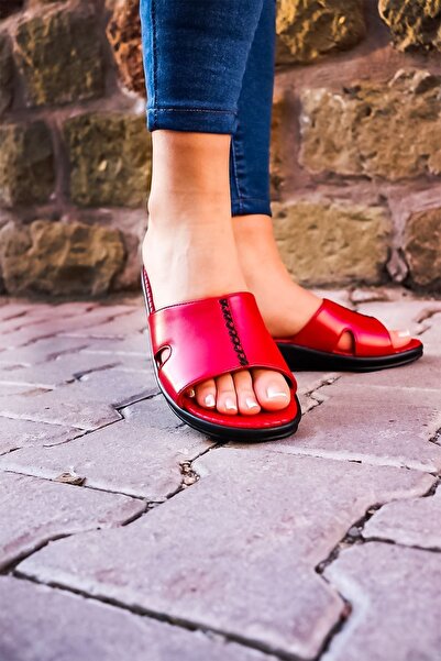 Ceyo - 9200-3 Red Detailed Orthopedic Women's Slippers