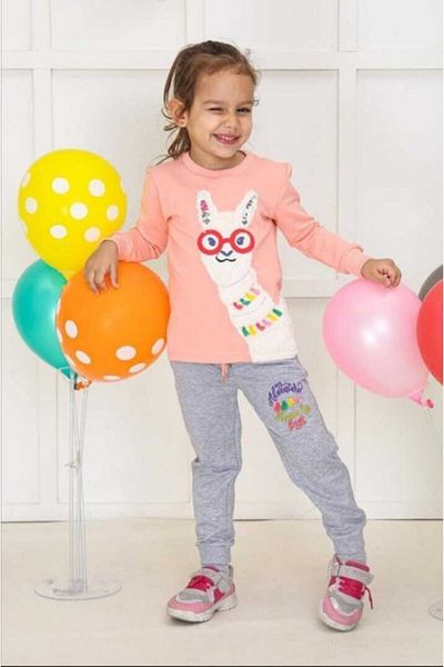 CICIKIZ Girl's Salmon-gray Glasses Lama Printed Double Set