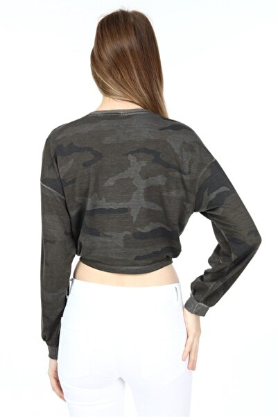 Seamoda Camouflage Pattern Front Knotted Crop Sweat