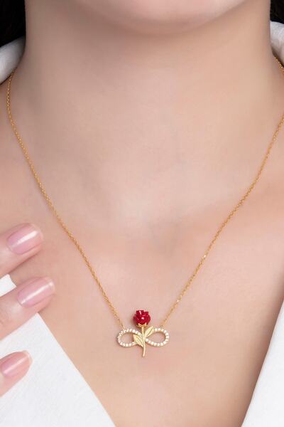 Bilsen Store 925 Ayar Gümüş Zincirli Altın Kaplama Zirkon Taşlı Kırmızı Gül Sonsuzluk Modeli Kolye