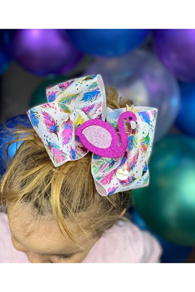 QUEEN AKSESUAR Custom Design Luxury Jojo Siwa Model Large Bow Buckle Metallic Leaf Pattern Glittered Queen Flamingo