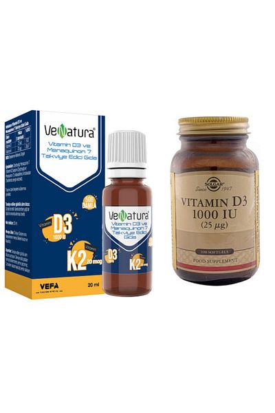 VeNatura D3k2 + Solgar D3 1000 Iu - 20ml Drops Vitamin D+k Rich Softgel Capsule