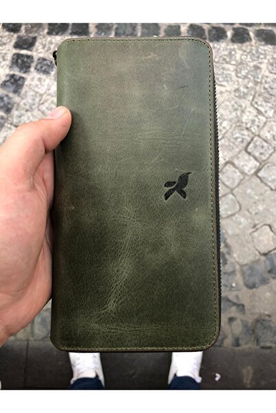 Karalı Deri Unisex Koyu Yeşil  Hakiki Deri Telefon Bölmeli Kartlıklı Cüzdan E...