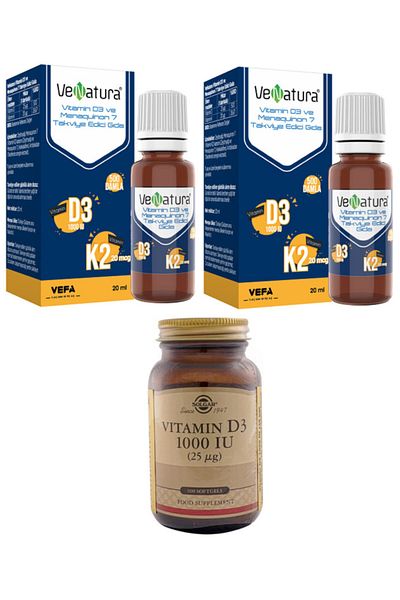 VeNatura D3k2 20ml - Vitamin D and K 25mg*2 Pieces+solgar D3 1000 Iu Softgel Capsule