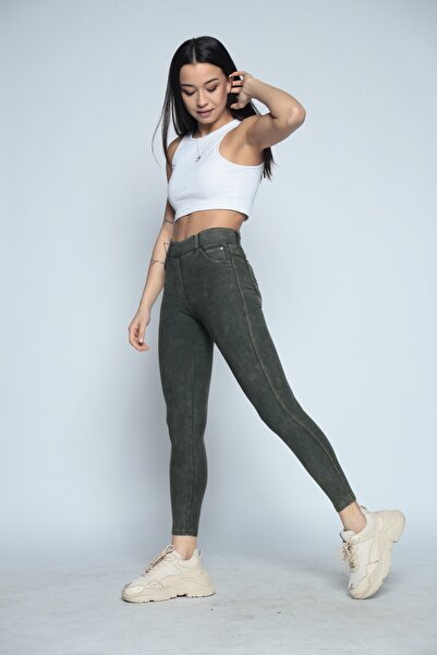 MojerHermosa Yeşil Pantolon Görünümlü Yüksek Bel Kadın Kot Tayt