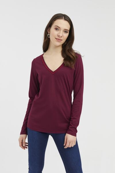 Hanna's by Hanna Darsa Kadın Bordo V Yakalı Süs Dikişli T-shirt