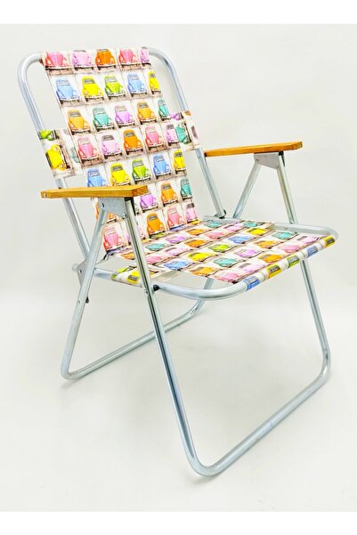 HASTUNÇ Ahşap Kolçaklı Araba Desenli Kamp Bahçe Plaj Sandalyesi