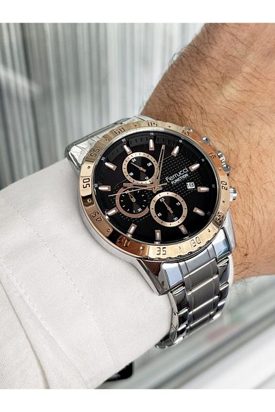 Ferrucci Silver Color Black Dial Metal Functions Active Men's Wristwatch and Hematite Bracelet Gift